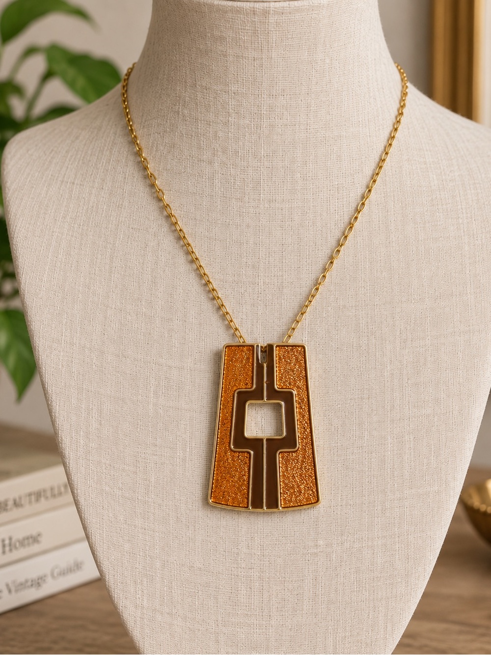Vintage 1970s Orange Brown Enamel Geometric Pendant Mod MCM 2.75”